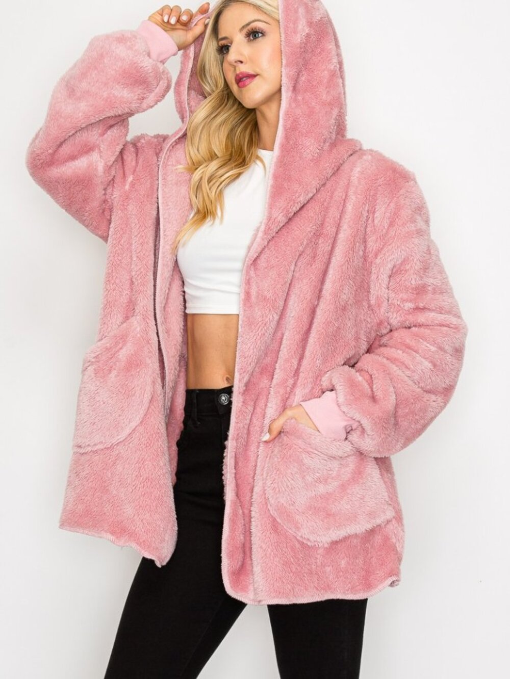 NEW Boutique Hooded Teddy Jacket Cozy Sherpa Fleece Weekend Furry Soft Warm Pink